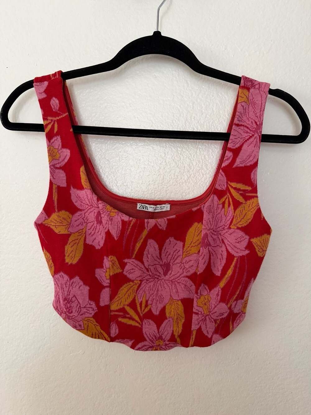 Zara Floral Jacquard Crop Tank Top in Red Pink and Orange